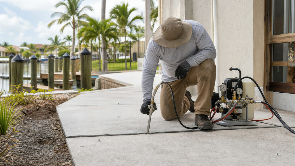 Polyurethane Foam Injection for Sunken Concrete in Naples 1 Polyurethane Foam Injection for Sunken Concrete in Naples — realistic foundation service scene in Naples, Florida